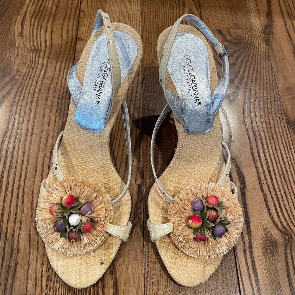 Dolce Gabana Rafia & Fruit Snakeskin Slingback Sandal Heels